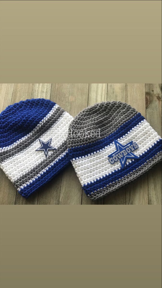 two crocheted hats with the word cowboys written on them, one is blue and white