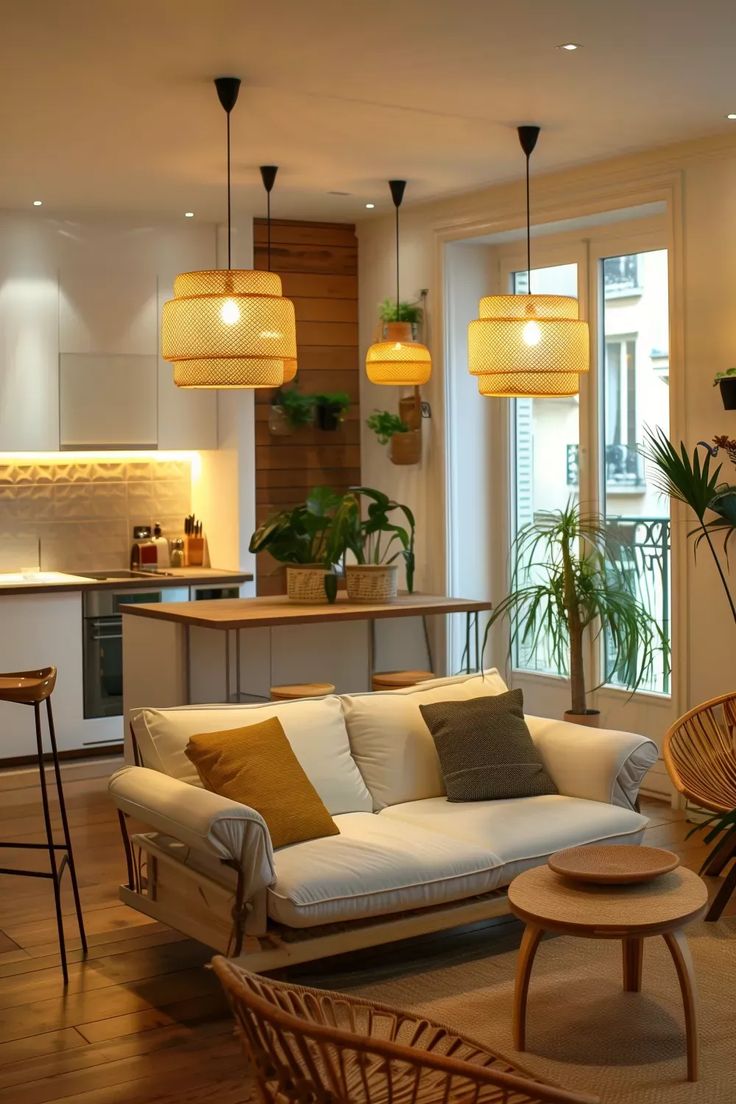 a living room filled with furniture and lots of lights hanging from the ceiling next to a kitchen