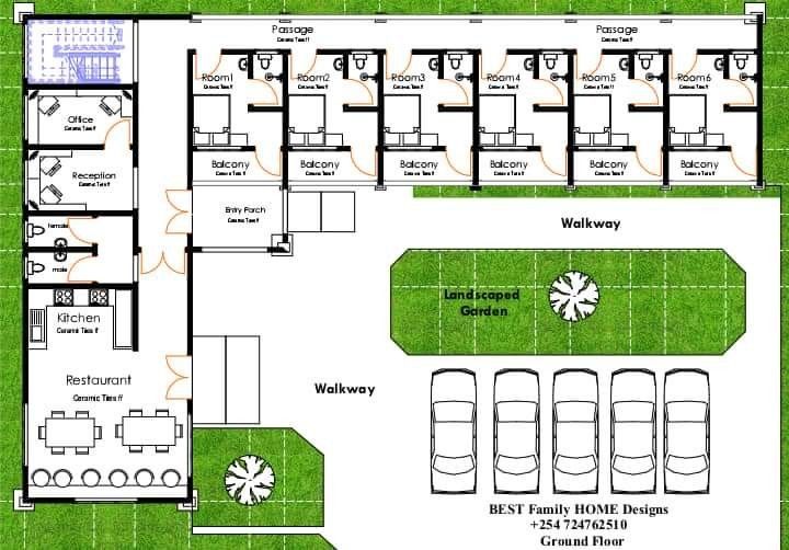 the floor plan for an office building with two floors and three car garages on each side