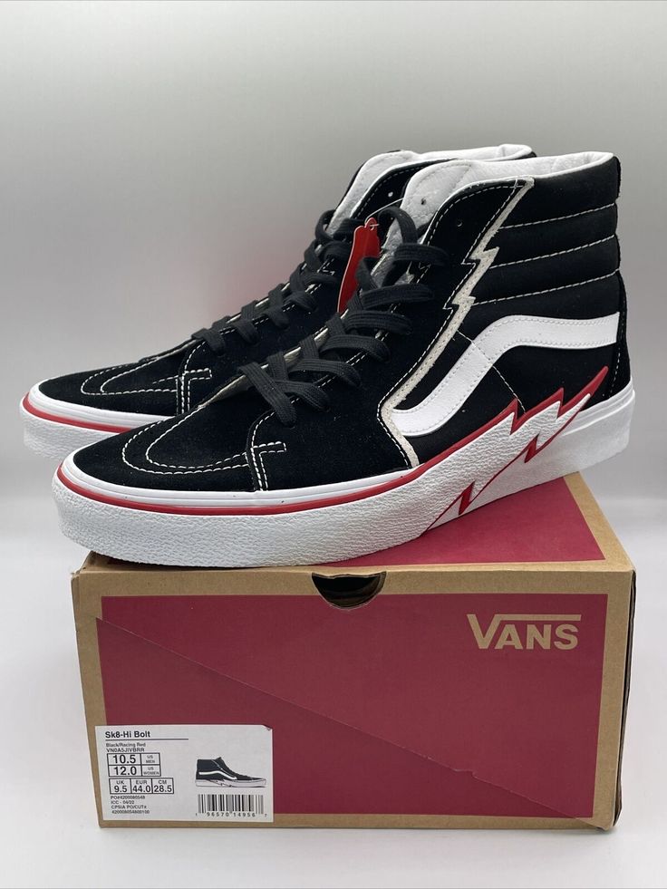 Elevate your street style with these Vans SK-8HI BOLT sneakers in black and racing red. These unisex high-top sneakers feature canvas uppers with a calls pattern, providing comfort and durability for all seasons. With a rubber cleat type and Vans' iconic SK8-Hi Bolt character, these shoes are perfect for gym and training, school, water sports, dance, or yoga. The shoes come in men's size 10.5 and women's size 12.0 (UK size 9.5 and EU size 44), making them ideal for both men and women who want to make a bold statement with their footwear. These Vans High Tops are not only stylish but also versatile, perfect for activewear, casual wear, and workwear. Get ready to step up your shoe game with these SK-8HI BOLT sneakers. Bolt Characters, High Top Vans, Vans Sk8, Shoe Game, High Tops, High Top Sneakers, Casual Wear, Athletic Shoes, Men's Shoes