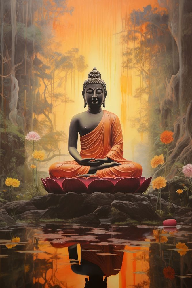 a painting of a buddha sitting in the middle of a forest