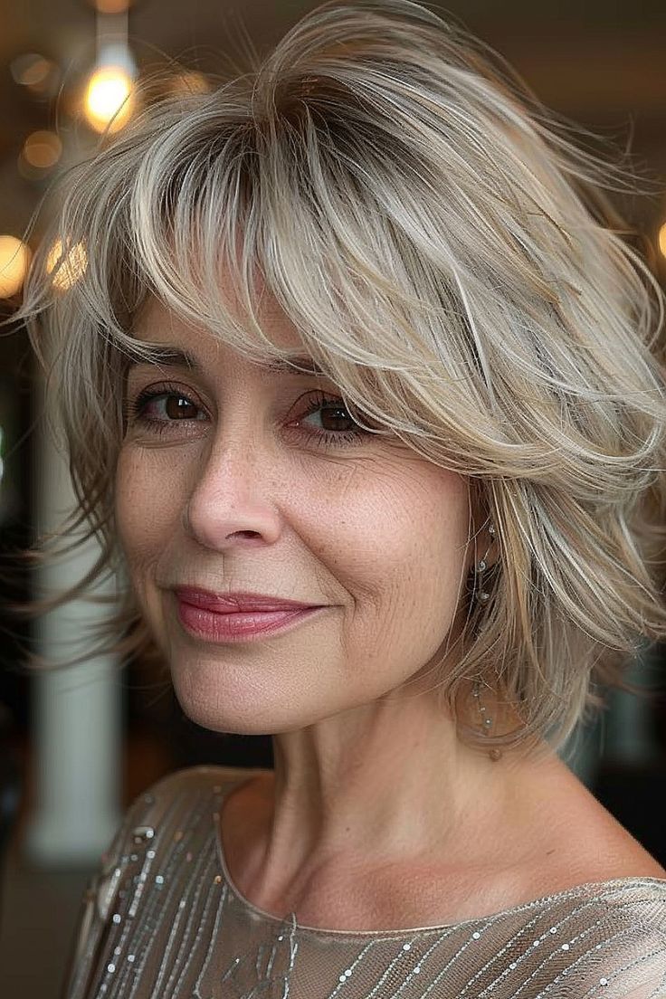 Elegant woman over 50 with a sophisticated bob and feathered bangs in a blend of silver and blonde. Meryl Streep Hair, Feathery Bangs Short Hair, Feather Bob Hairstyles, Razor Haircut Medium, Feathered Bangs Bob, Feathered Bob Hairstyles, Hair Feathered Around Face, Long Bob Feathered Bangs, Jane Fonda Hairstyles