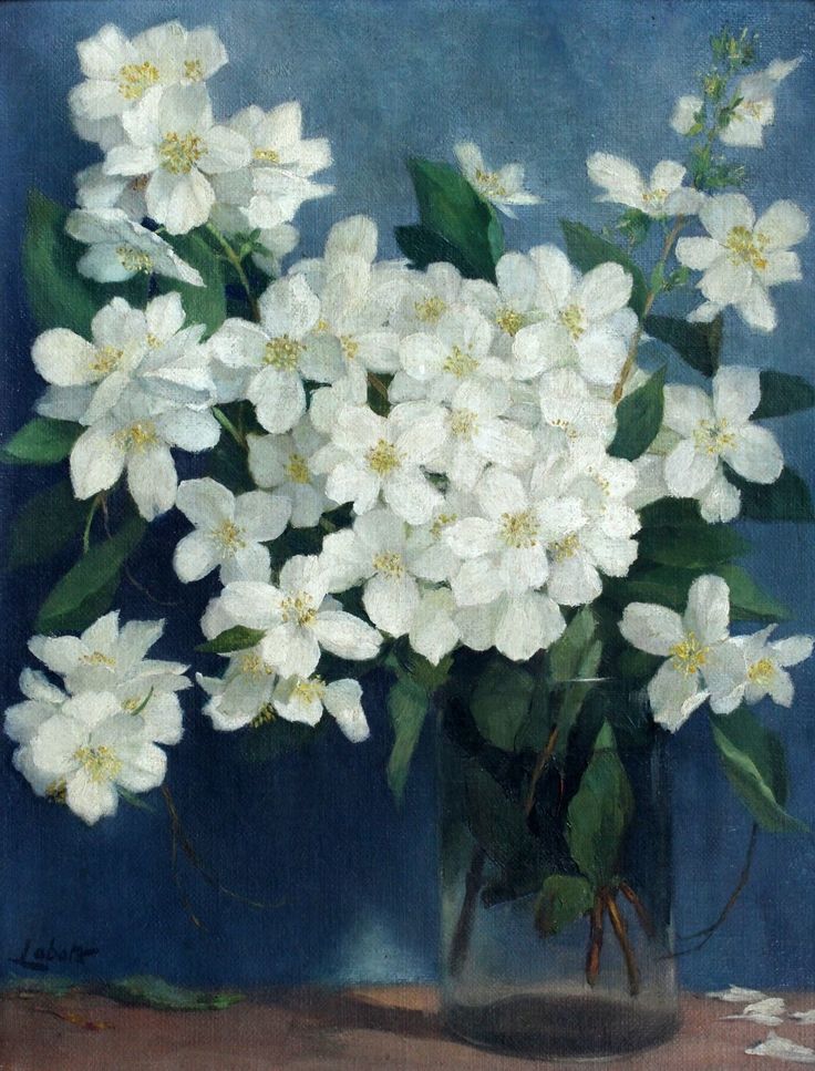 a painting of white flowers in a glass vase