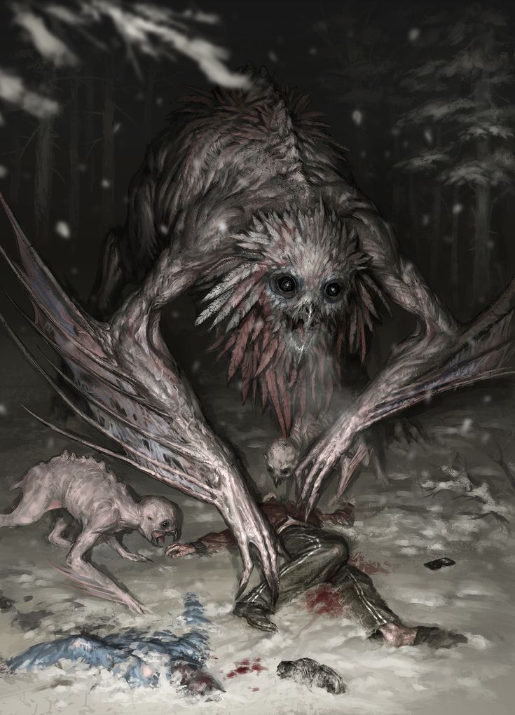 an image of a creepy creature in the snow with two dead animals around it and one on the ground