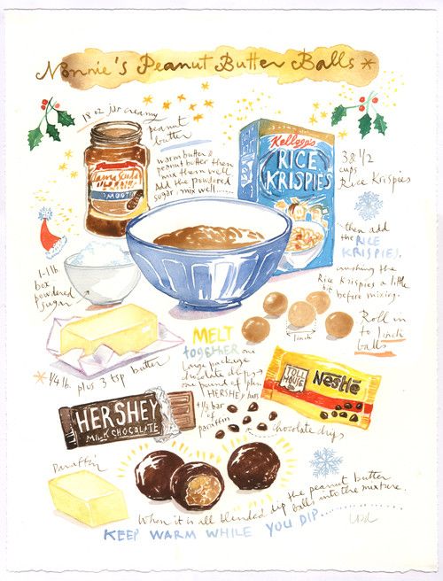 a drawing of some food items on top of a white tablecloth with words written below it