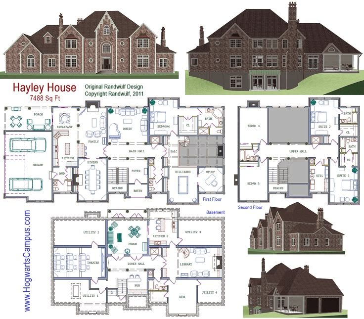 three story house plans are shown with different floor plans and elevations for each home