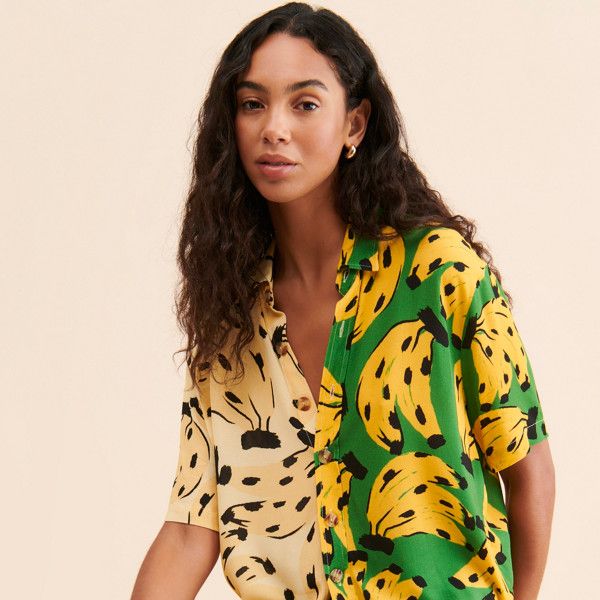 Playful Short Sleeve Blouse, Trendy Yellow Printed Blouse, Trendy Printed Yellow Blouse, Green Casual Shirt For Summer, Green Shirt For Summer Daywear, Summer Green Shirt For Daywear, Summer Graphic Print Short Sleeve Blouse, Vibrant Summer Beach Blouse, Summer Blouse With Graphic Print And Short Sleeves