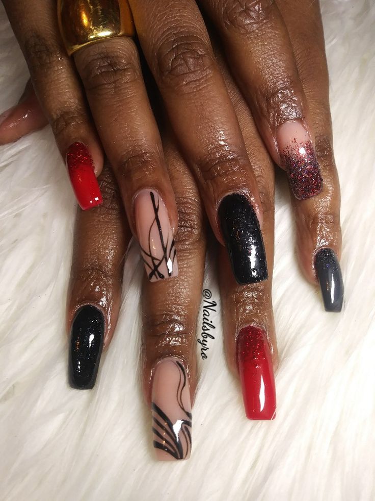 Red Black And Gray Nail Designs, Red And Black Glitter Nails, Red And Grey Nails, Red Black And Silver Nails, Red Black And Gold Nails, Short Coffin Ombre, Ombre Nails Short, Black Prom Nails, Coffin Ombre