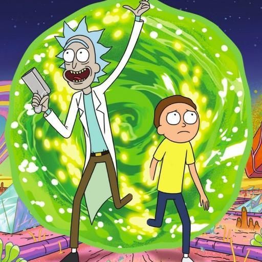 the rick and mort cartoon is in front of a giant green object with glowing lights