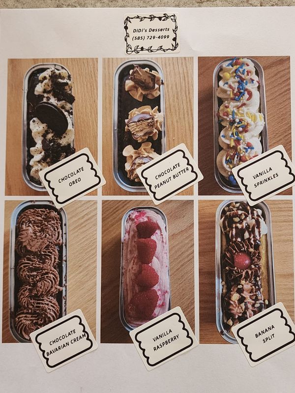 an advertisement showing different types of ice creams and desserts in tins on a table