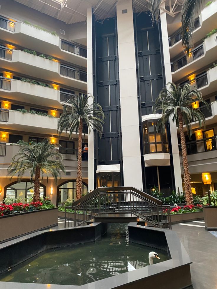 an indoor swimming pool in front of a tall building with balconies and palm trees