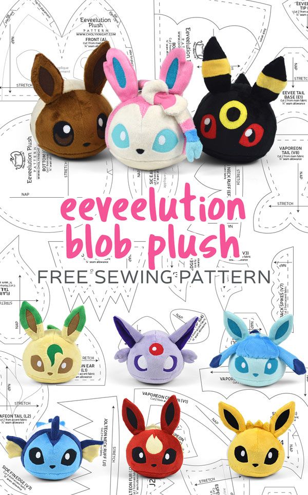 several pokemon stuffed animals are shown with the text, evolution blob plush free sewing pattern