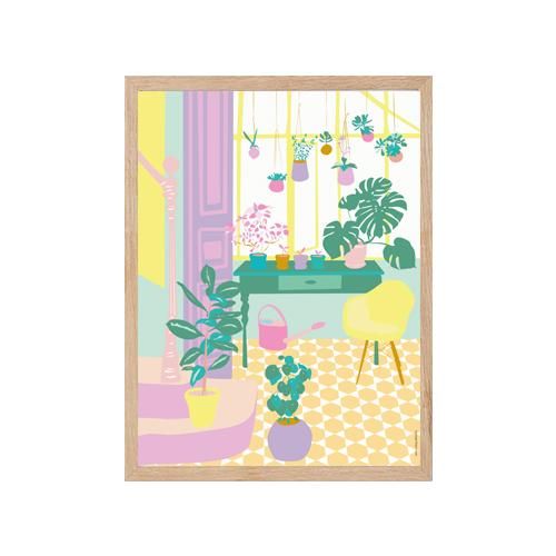 an art print with potted plants on the wall and a table in the background