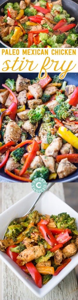 chicken fajita with peppers and broccoli in a pan