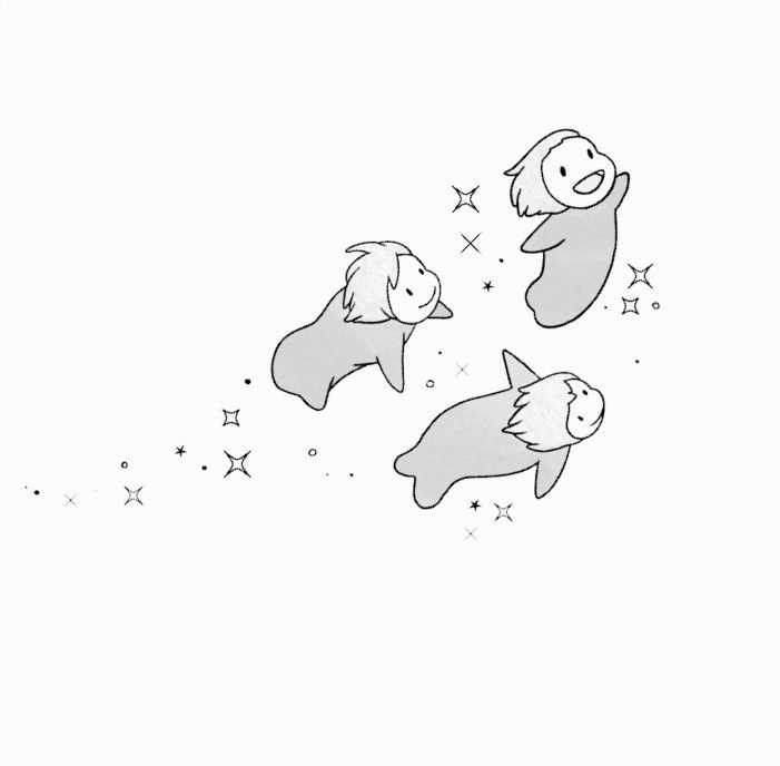 three sea animals floating in the air with stars around them and one is looking up at the