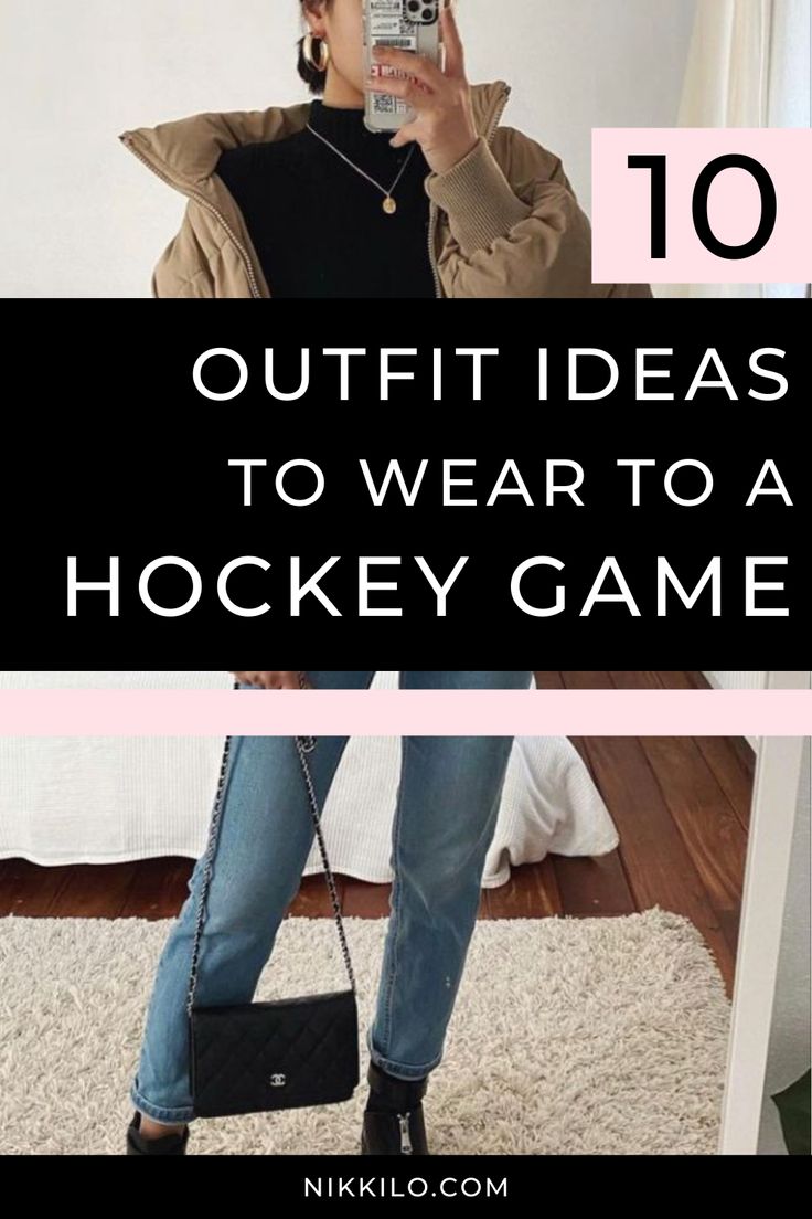 a woman taking a selfie in front of a mirror with text overlay saying 10 outfit ideas to wear to a hockey game