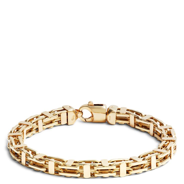 Big and bold, our 8.5-inch gold bracelet is a true statement piece that showcases impeccable artistry and design. This is a bracelet for gold lovers with its intricately crafted links and sturdy swivel clasp. Every detail is a testament to jewelry making at its finest in a piece that’s made to wear and love for many years to come. Tarnish-resistant Sterling Silver Bracelet For Formal Occasions, Classic Link Bracelet With Jubilee Detail, Classic Link Jubilee Bracelet, Classic Bangle Jewelry With Box Chain, Formal 14k Gold Bracelet With Box Chain, Luxury Hallmarked Bangle Chain Bracelet, Luxury Bracelets With Oval Link Box Chain, Luxury Oval Link Box Chain Bracelets, Luxury Gold Link Chain Bracelet