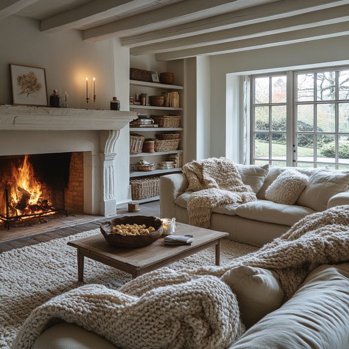 a living room filled with furniture and a fire place in front of a large window