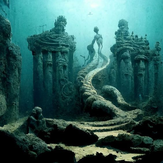 an underwater scene with statues and stairs