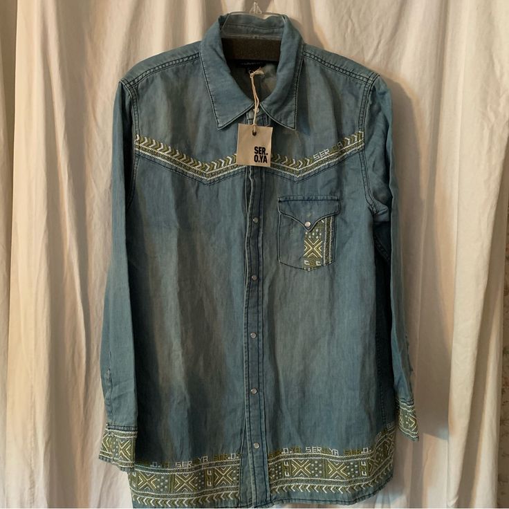 Nwt Ser.O.Ya Snap Front Denim Shirt W/Embroidery Details. Snap Cuffs. 30.5” Shoulder To Hem 22” Pit To Pit Knitting Women Cardigan, Silk Wrap, Knitting Women, Embroidery Details, Green Stripes, Denim Shirt, Shirt Color, Knit Cardigan, Colorful Shirts