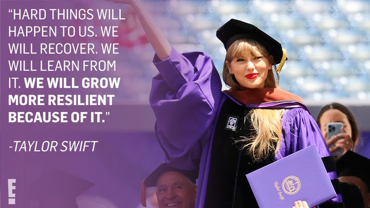 a woman wearing a graduation gown and holding a purple book in front of her is a quote from taylor swift