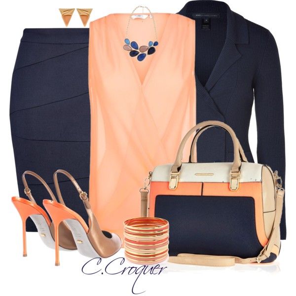 Geo etric Earrings, created by ccroquer on Polyvore Peach Outfit, V Neck Long Sleeve Top, Jw Fashion, Collar Cardigan, Pencil Skirts, Diva Fashion, Looks Chic, Complete Outfits, Business Dresses