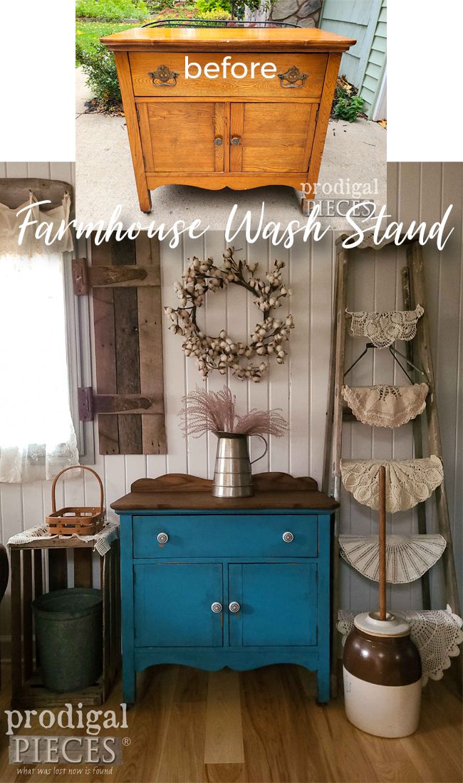 an old dresser turned into a vintage wash stand with the words, before and after