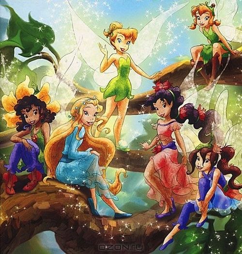 the tinkerbells are sitting on top of a tree branch with their friends