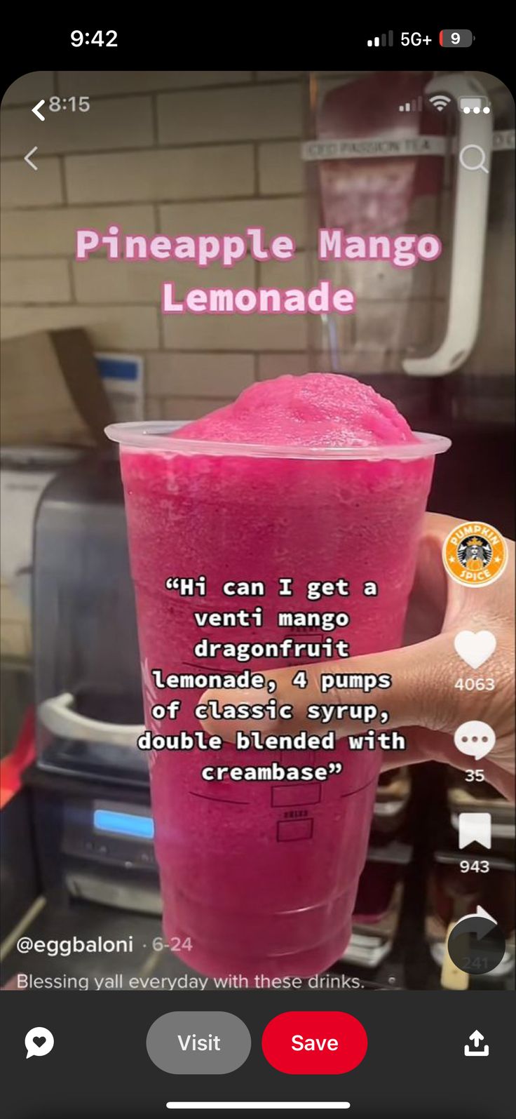 someone is holding up a pink drink in front of the camera and texting, pineapple mango lemonade