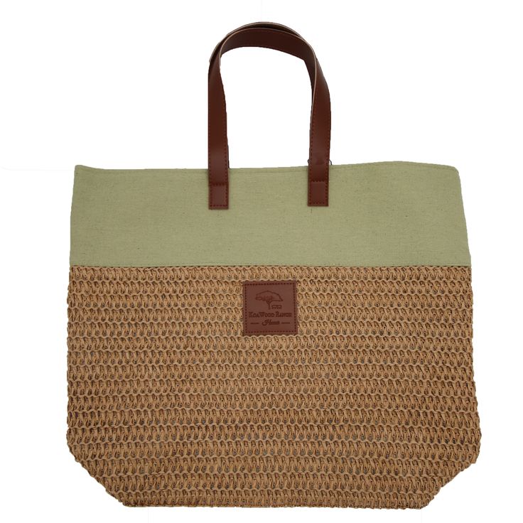 Summer Raffia Tote Treat yourself to this stylish and functional Summer raffia tote bag. Whether you are beachgoing, lounging around the resort, or heading out for the day on a sunny afternoon, this bag is your go-to resort wear tote. Made from raffia and canvas with a cotton lining, this bag is large enough to store your must-haves for your day out. Available in beige or soft apple green canvas trim. The handles and logo patch are made with vegan leather. Summer Khaki Straw Tote Bag, Rectangular Khaki Beach Bag For Summer, Casual Khaki Straw Bag For Travel, Rectangular Khaki Straw Bag For Vacation, Summer Beach Straw Bag In Khaki, Khaki Rectangular Straw Bag For Vacation, Summer Travel Straw Bag In Khaki, Summer Khaki Straw Travel Bag, Summer Khaki Straw Bag For Everyday Use