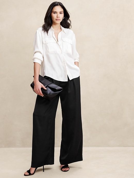 Satin Pleated Wide-Leg Pant | Banana Republic Factory Versatile Formal Wide Leg Pants With Relaxed Fit, Versatile Wide Leg Pants With Pockets For Formal Occasions, Versatile Wide Leg Formal Pants With Pockets, Versatile Formal Wide Leg Pants With Pockets, Versatile Wide Leg Pants For Formal Occasions, Versatile Formal Wide Leg Pants, Modern Suits, Banana Republic Factory, Banana Republic Women