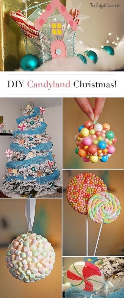 several pictures of different types of candies and christmas trees with text that reads diy candyland christmas tree