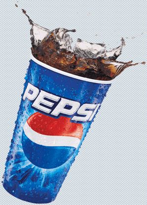 a pepsi cola can with ice and water splashing out of it's top