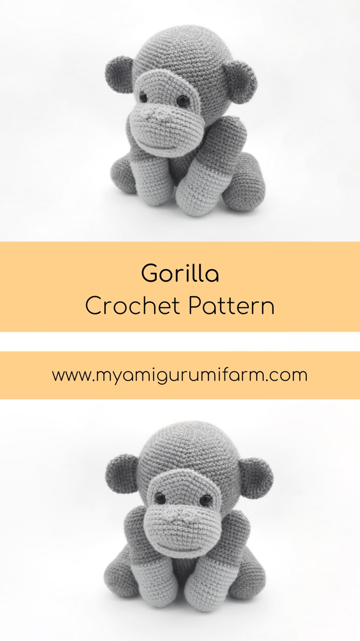 Gorilla - PDF crochet pattern
www.myamigurumifarm.com Crochet Jungle Animals, Bone Apple Teeth, Amigurumi Yarn, Crochet Stuffed Animals, Tiny Crochet, Knitted Slippers Pattern, Tiny Animals, Crochet Plushies, Stuff Animals