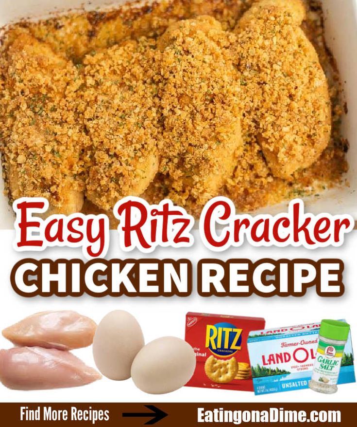 easy ritz cracker chicken recipe in a white casserole dish with ingredients