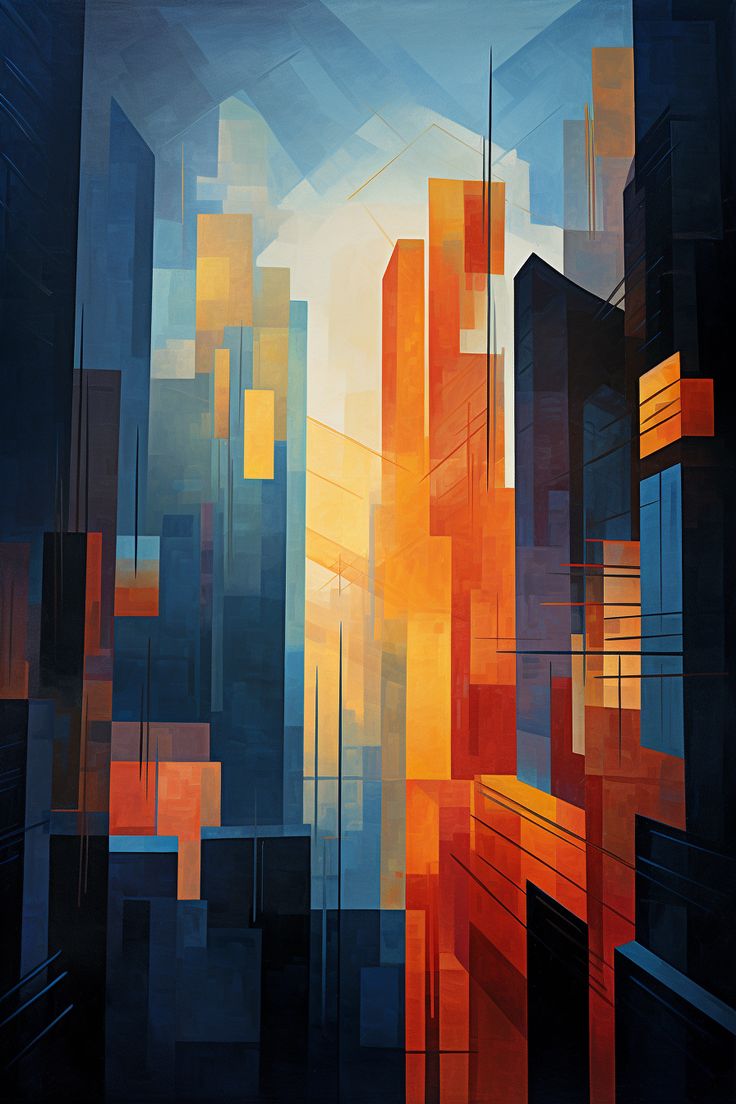 an abstract painting of city buildings with orange and blue colors