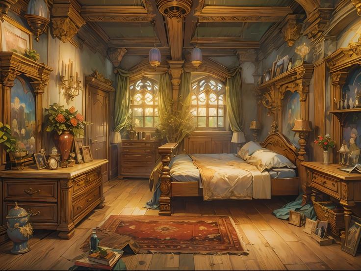 a bedroom scene with focus on the bed, dressers and other items in the room