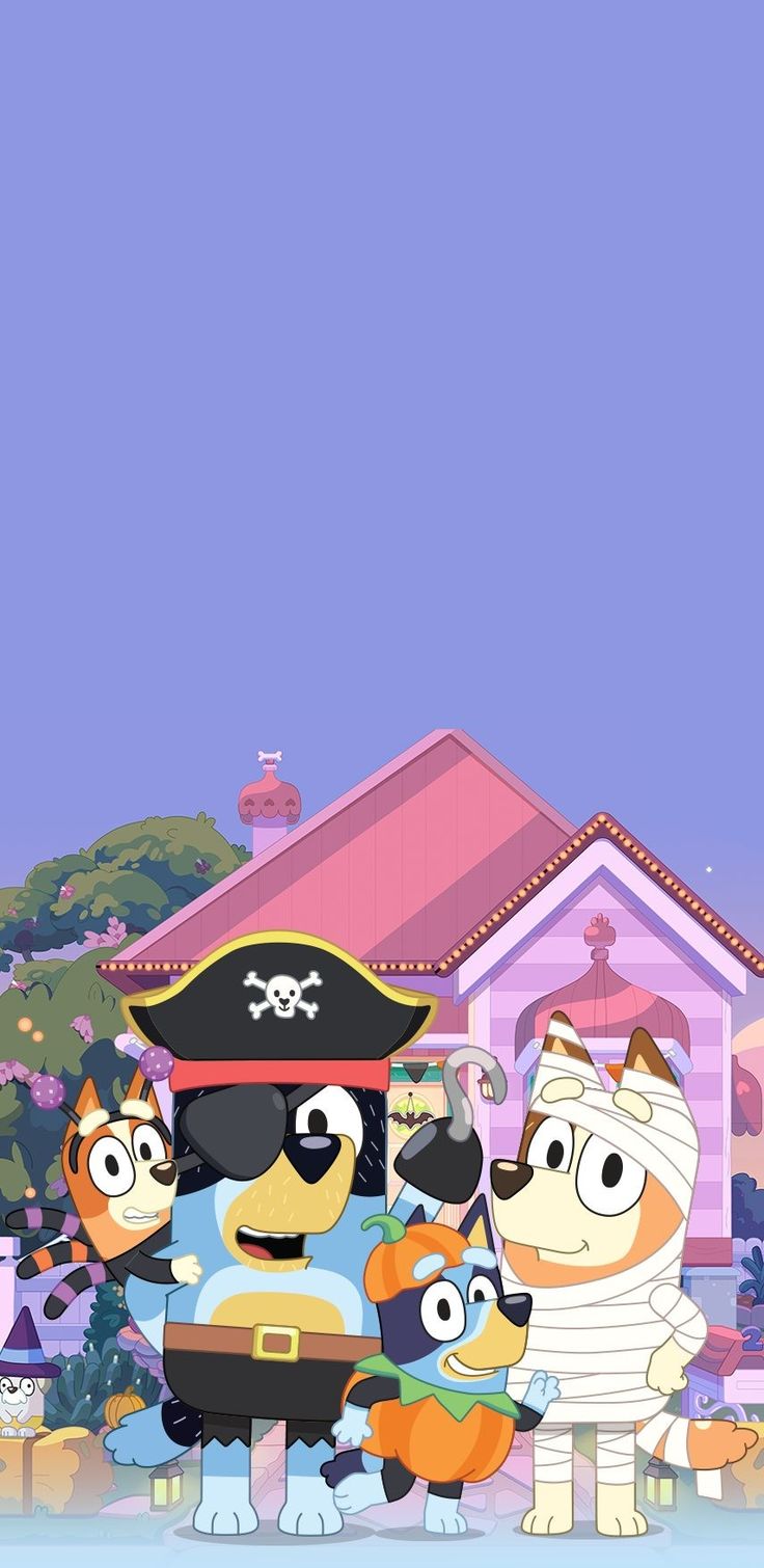 the cartoon characters are standing in front of a pink building with a pirate's hat on