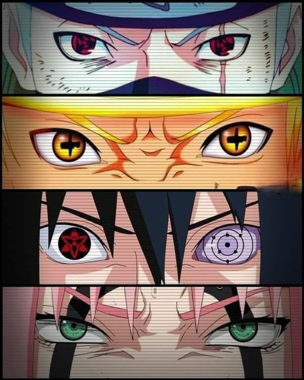 three anime eyes with different colors on them