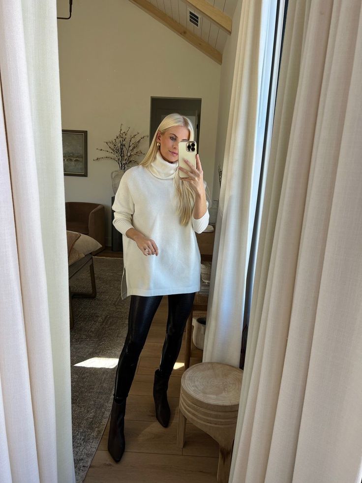 Turtleneck Leggings Outfit, Turtle Neck Sweater Dress Outfit, Best Oversized Sweaters, Oversized Turtle Neck Sweater, White Oversized Turtleneck Outfit, Beige Turtleneck Sweater Outfit, Winter Outfits Leather Leggings, White Sweater And Leggings Outfit, Long Sweater With Leggings