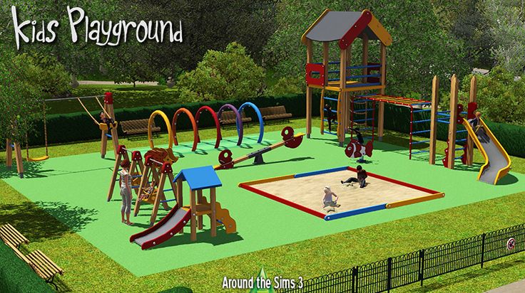 an artist's rendering of a children's playground with swings, slides and climbing bars