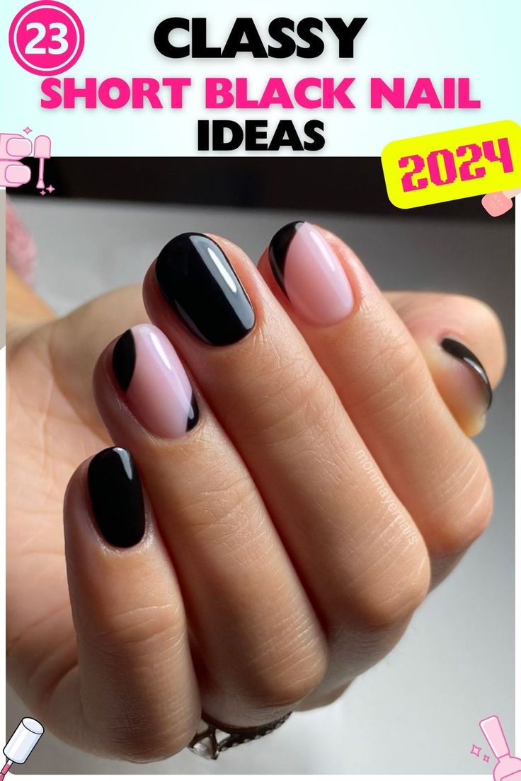 Glossy short black nails with pink diagonal design. Oval shape, gel material used. Perfect for both casual and formal occasions. A modern and elegant nail art choice. Short Black And Pink Nails, Black Nails With Pink, Short Black Nails, Black Nails Short, Nails With Pink, Diagonal Design, Elegant Nail, Elegant Nail Art, French Tip Acrylic Nails