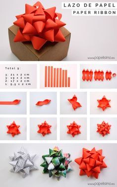 the instructions for how to make origami bows with paper ribbon and scissors are shown