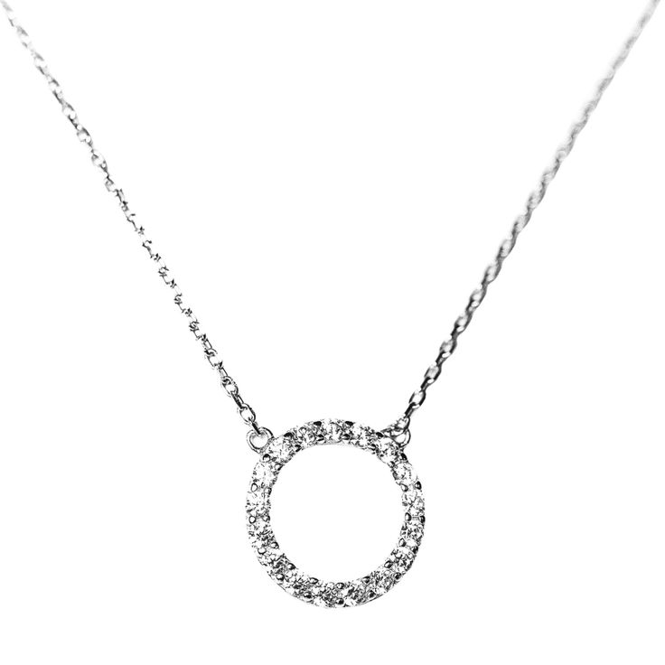 Introducing the newest must-have for everyday glam! This classic design shines in its understated simplicity. The circle setting is created with certified 925 sterling silver and is plated in 14K gold or rhodium to prevent tarnishing. The sparkling stones are 100% simulated diamond material (AAA CZ). The timeless eternity necklace will add a touch of sparkle to your day, whether dressed up or simply worn. Plated in 14k gold or rhodium and set in an intricate prong setting. The chain is extendabl Classic Cubic Zirconia Diamond Necklace With Halo, Classic Cubic Zirconia Halo Diamond Necklace, Classic Halo Diamond Necklace In Cubic Zirconia, Cubic Zirconia Halo Diamond Necklace, Sterling Silver Open Circle Formal Jewelry, Sterling Silver Open Circle Jewelry For Formal Occasions, Minimalist Round Diamond Necklace For Formal Occasions, Elegant Sterling Silver Halo Diamond Necklace, Classic Round Diamond Necklace With Halo Design