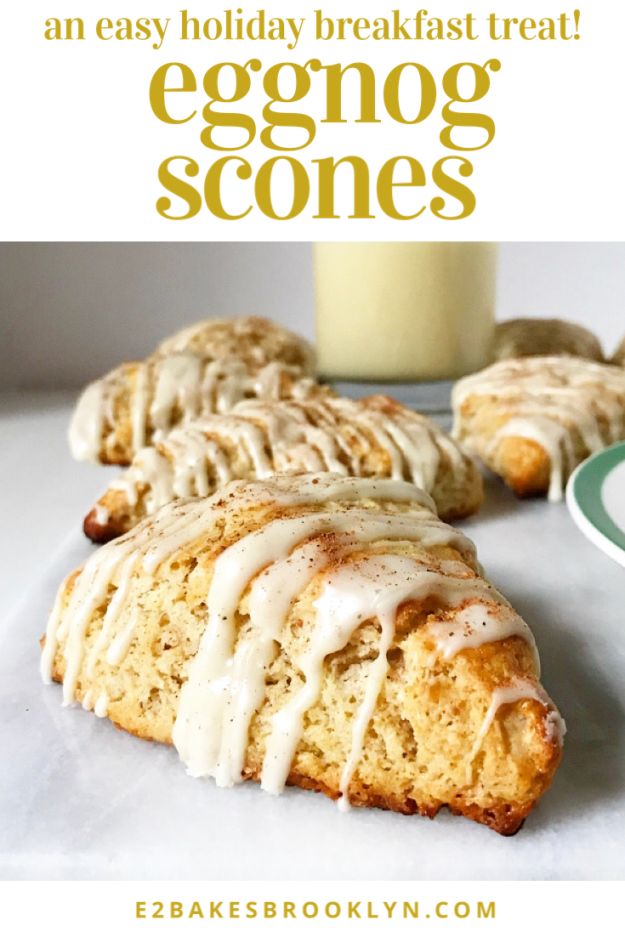 an eggnog scones with icing on top and some cookies next to it