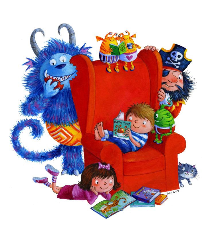 children are sitting in a red chair with monsters