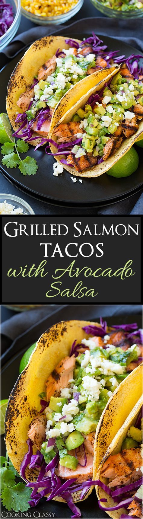 grilled salmon tacos with avocado salsa on a black plate and in a bowl