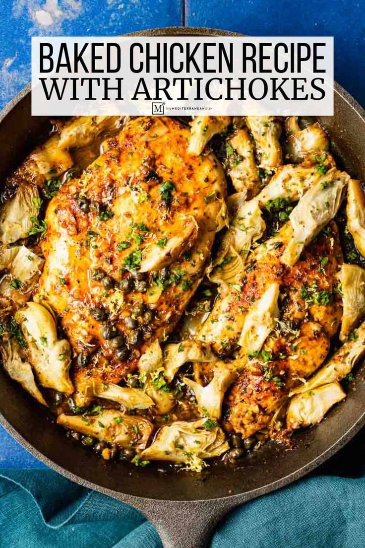 baked chicken recipe with artichokes in a skillet on a blue background