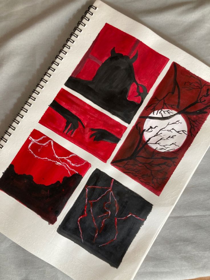 four square paintings are shown on a sheet of white paper with red and black ink