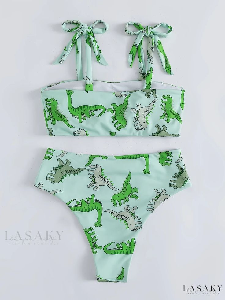 Lasaky - Premium Cartoon Dinosaur Print Bikini Sets, featuring Bow Tie Shoulder Straps and a High-Waist High Cut Design - a Fashionable 2-Piece Swimsuit for Women, Perfect for Swimwear & Clothing Playful Green Printed Swimwear, Playful Green Sets For Vacation, Playful Green Vacation Sets, Fun Summer Beach Sets, Fun Green Swimwear For Vacation, Playful Green Tankini For Swimming, White Dinosaur Print Summer Sets, White Summer Sets With Dinosaur Print, Fun Summer Swimming Sets